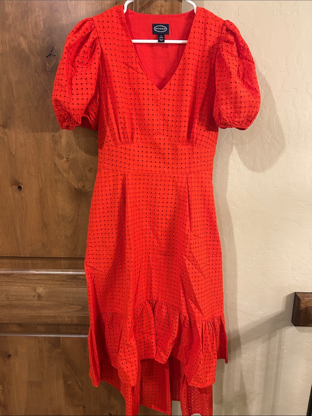Coco Puff-Sleeve Red Eyelet High-Dress